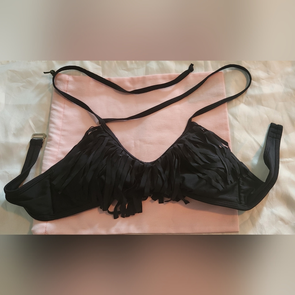 Black Fringe Halter Tie Bikini Sz L
